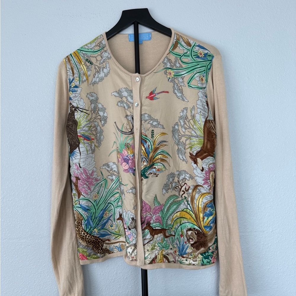 J.McLaughlin Women’s Sweater Beige Cardigan with  Overlay Print 100% Silk Size L